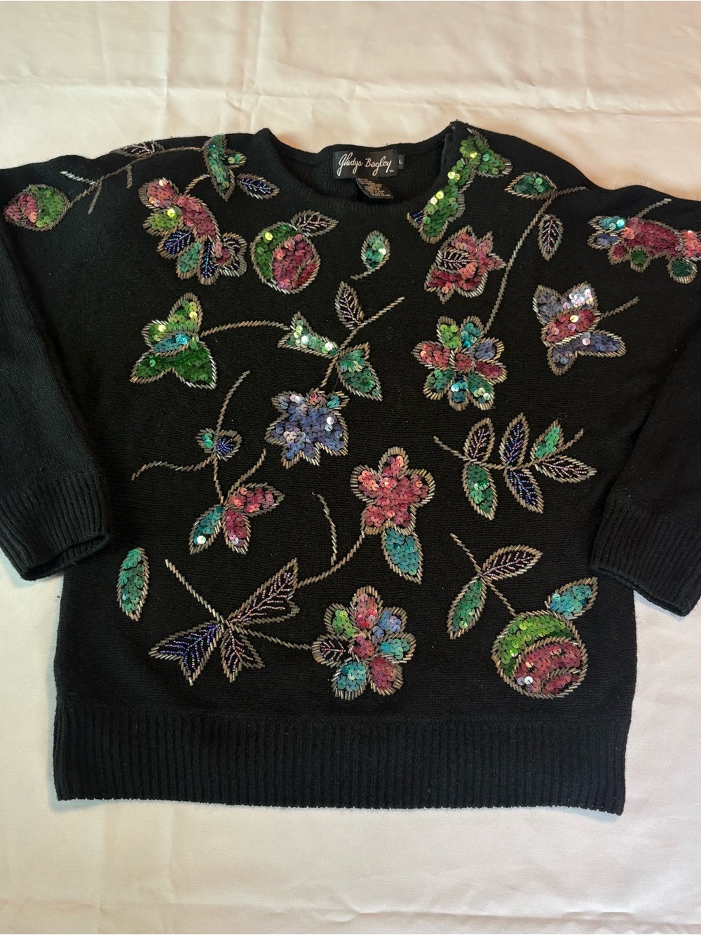 VTG Gladys Bagley Sequin Beaded Floral Sweater L Padded Shoulders